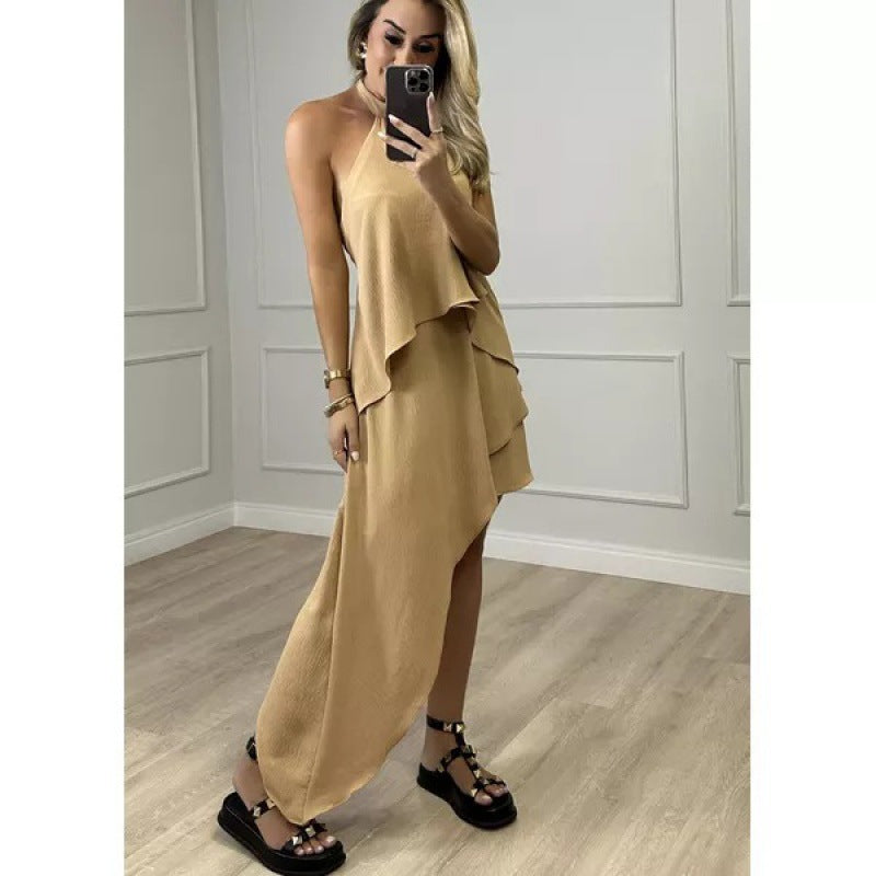 Amsoin Halter Backless Tied Detail Asymmetrical Dress
