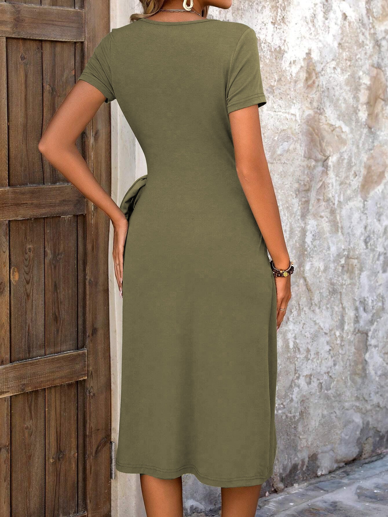 Amsoin Knitted Sexy Deep V-neck Slit Dress With Waist tie