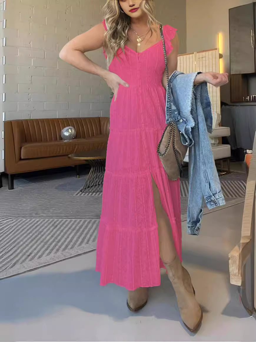 Amsoin V-neck Lace Ruffle Strap Long Dress