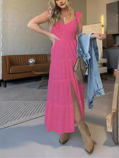 Amsoin V-neck Lace Ruffle Strap Long Dress