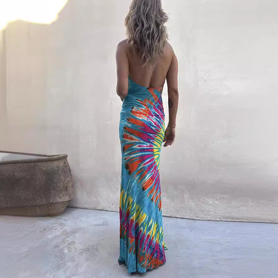 Amsoin Cross V Neck Sleeveless Tie Dye Maxi Holiday Dress