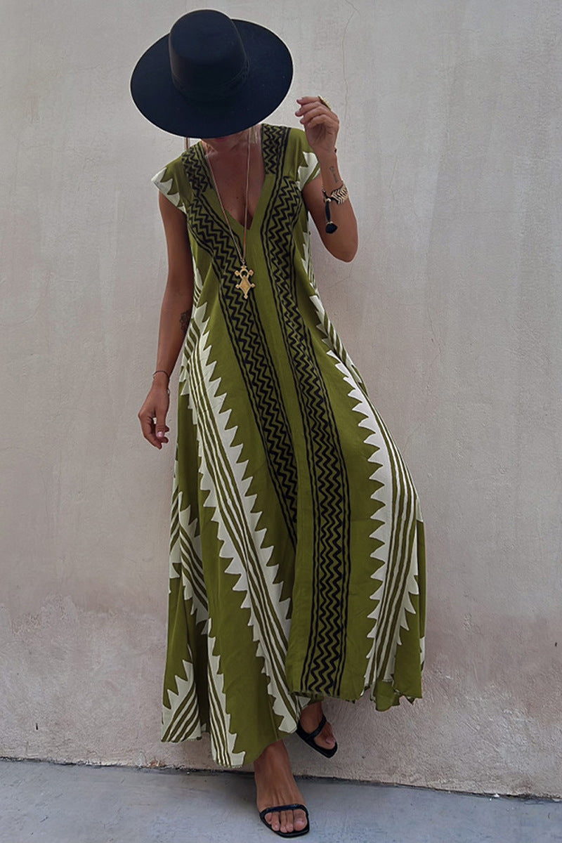 Amsoin V Neck Short Sleeve Color Block Printed  Maxi Swing Dress