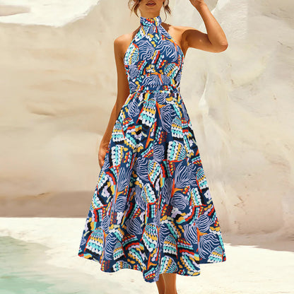 Stand Collar Sleeveless Printed Dress Women
