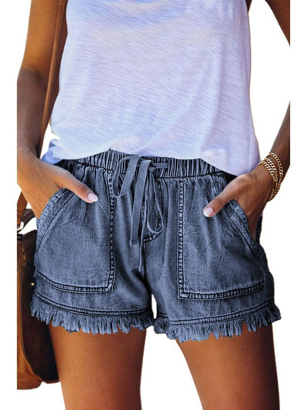 Women's High Waist Denim Shorts with Elastic Waistband and Fringed Details