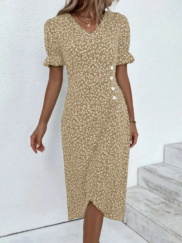 Amsoin Geometric Puff Sleeves Irregular Dress