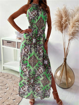 Amsoin Printed Halter Neck Waist Slit Dress