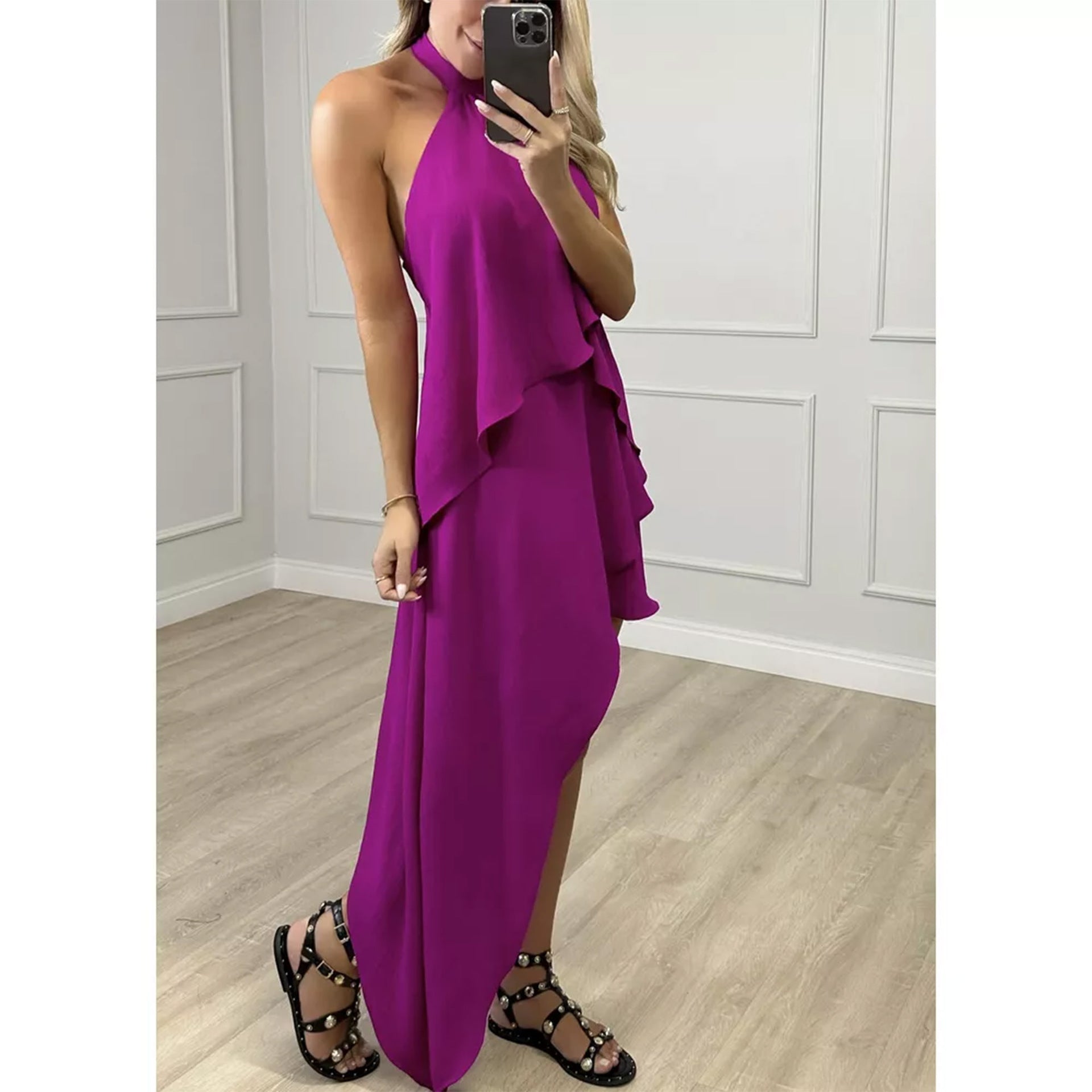 Amsoin Halter Backless Tied Detail Asymmetrical Dress