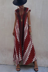 Amsoin V Neck Short Sleeve Color Block Printed  Maxi Swing Dress