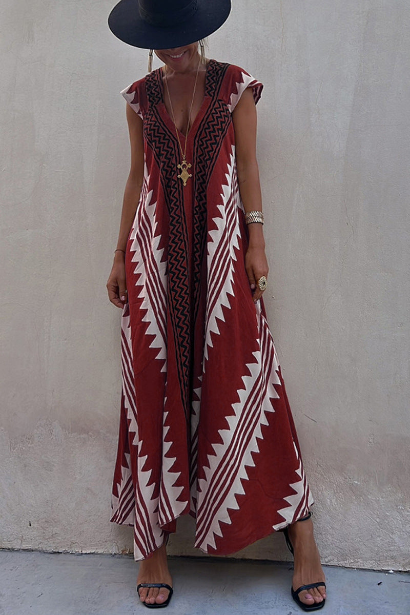 Amsoin V Neck Short Sleeve Color Block Printed  Maxi Swing Dress