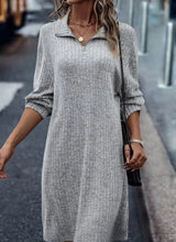 Amsoin Casual Long Sleeve V-neck Zipper Knit Dress