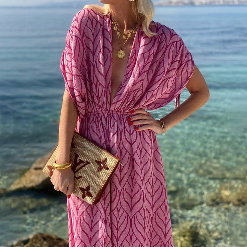 Amsoin Printed Drawstring Design Beach Maxi Dress