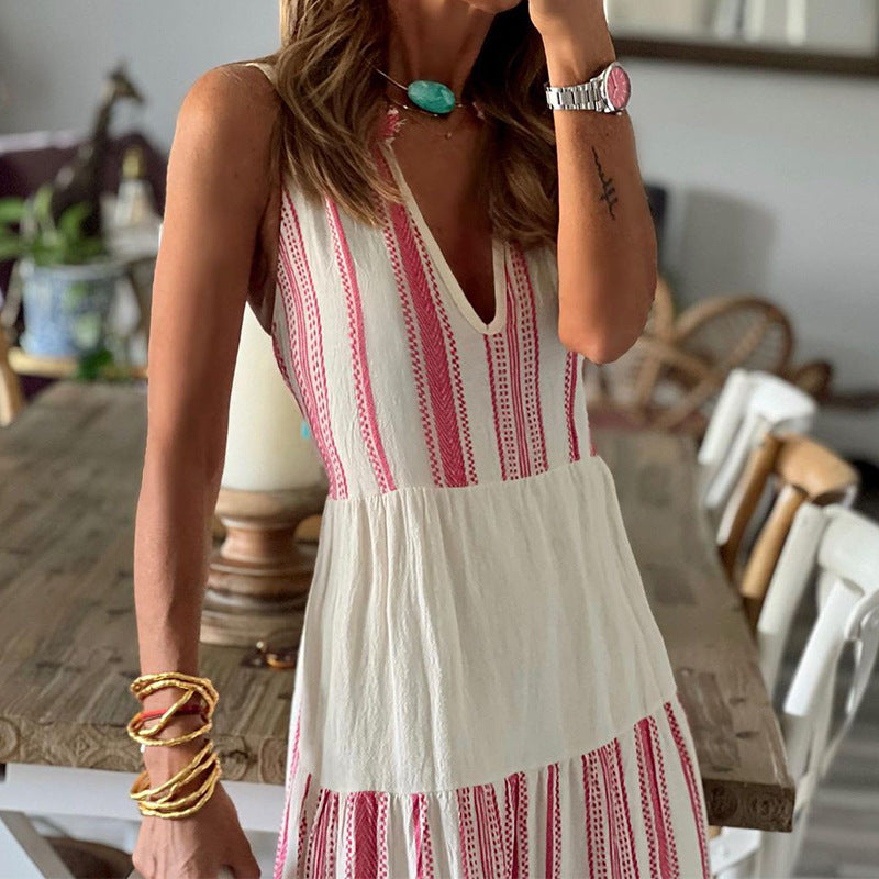 Amsoin Striped Print V-Neck Sleeveless Maxi Dress
