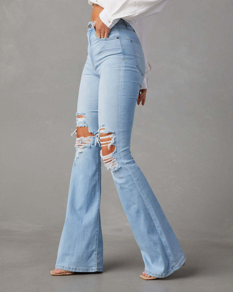 Amsoin Women's Washed Ripped High-waisted wide-leg Jeans