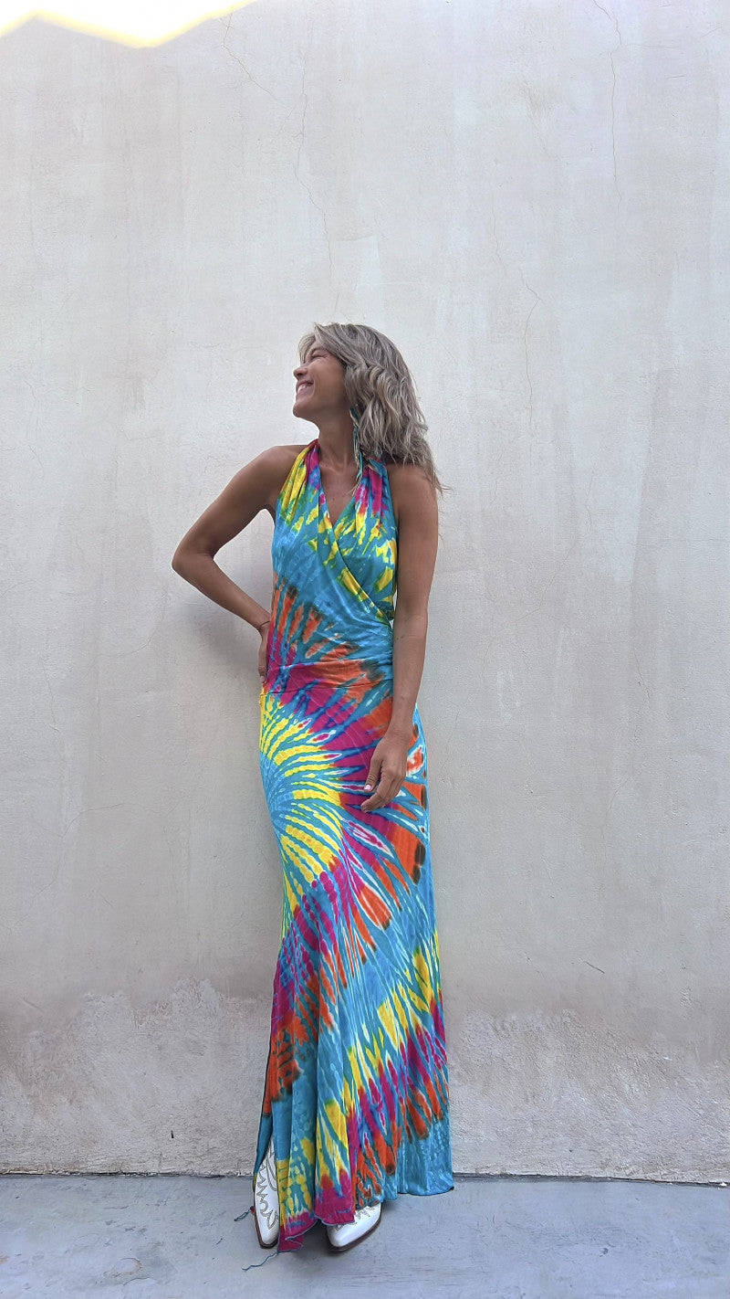 Amsoin Cross V Neck Sleeveless Tie Dye Maxi Holiday Dress