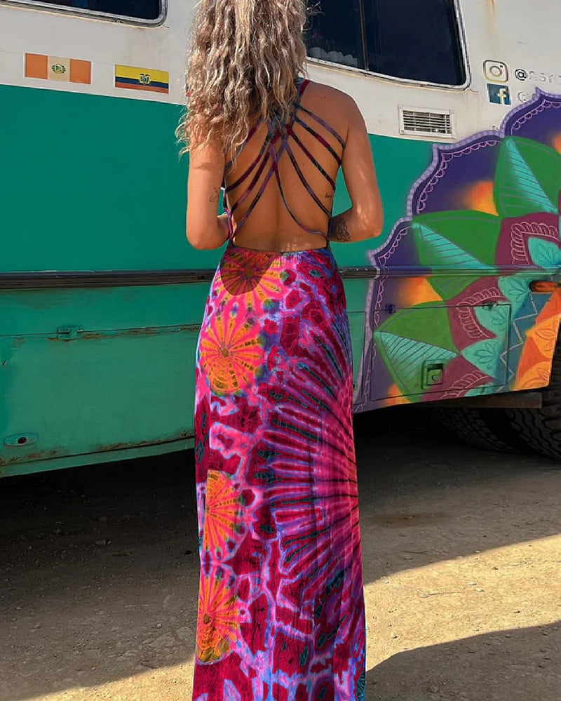 Amsoin Criss Cross Backless Tie Dye Maxi Cami Dress