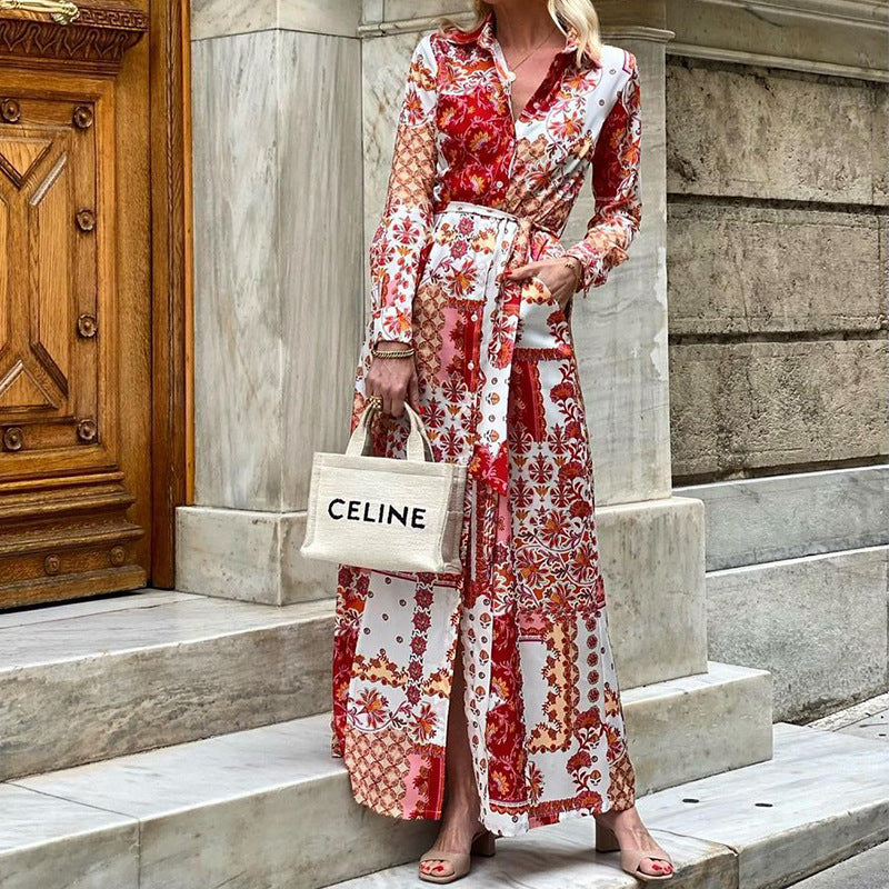 Amsoin Floral Geometric Print Single Breasted Lace Up Pocket Maxi Dress