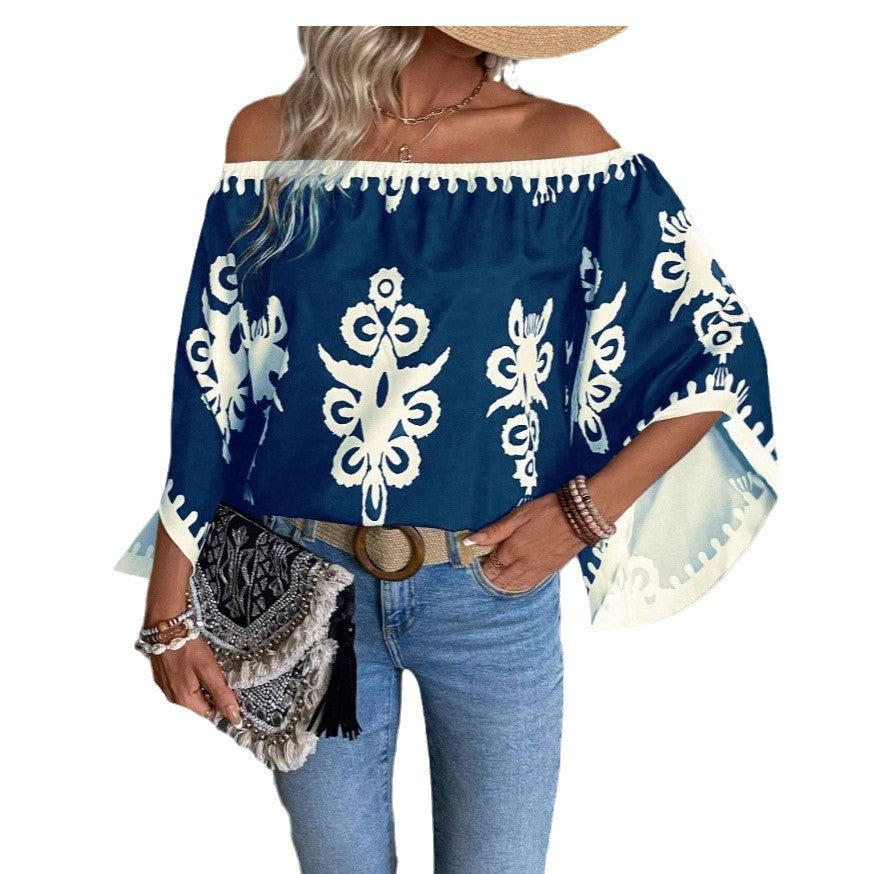 Fashion Loose Print Off-shoulder Top Women