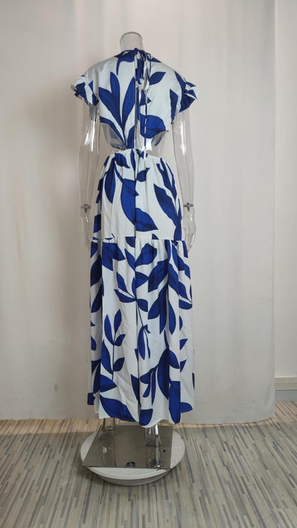 Amsoin Printed V-neck Puff Sleeve Long Sexy Waistless Dress
