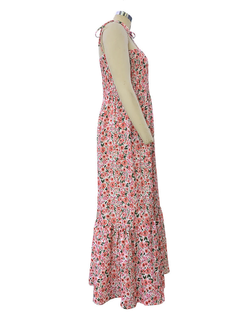 Amsoin Boho Floral Smocked Ruffled Maxi Dress