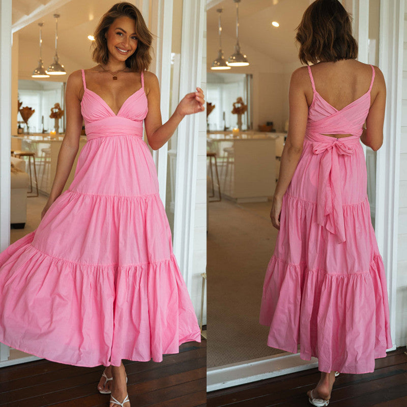 Amsoin Solid Color V-neck Suspender Stitching Large Swing Long Dress