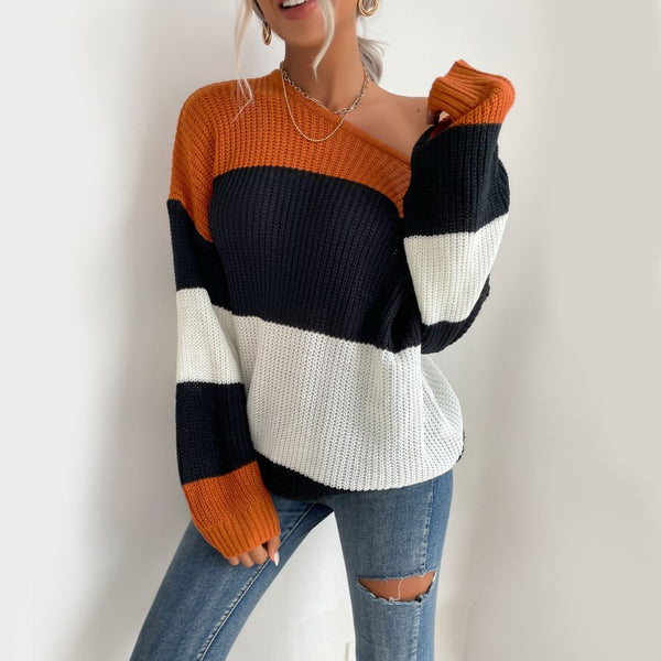 Autumn New Striped Contrast Color Knitwear Round Neck Loose Sweater