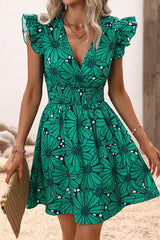 Amsoin Floral Print Ruffle Sleeve Elastic Waist Mini Dress