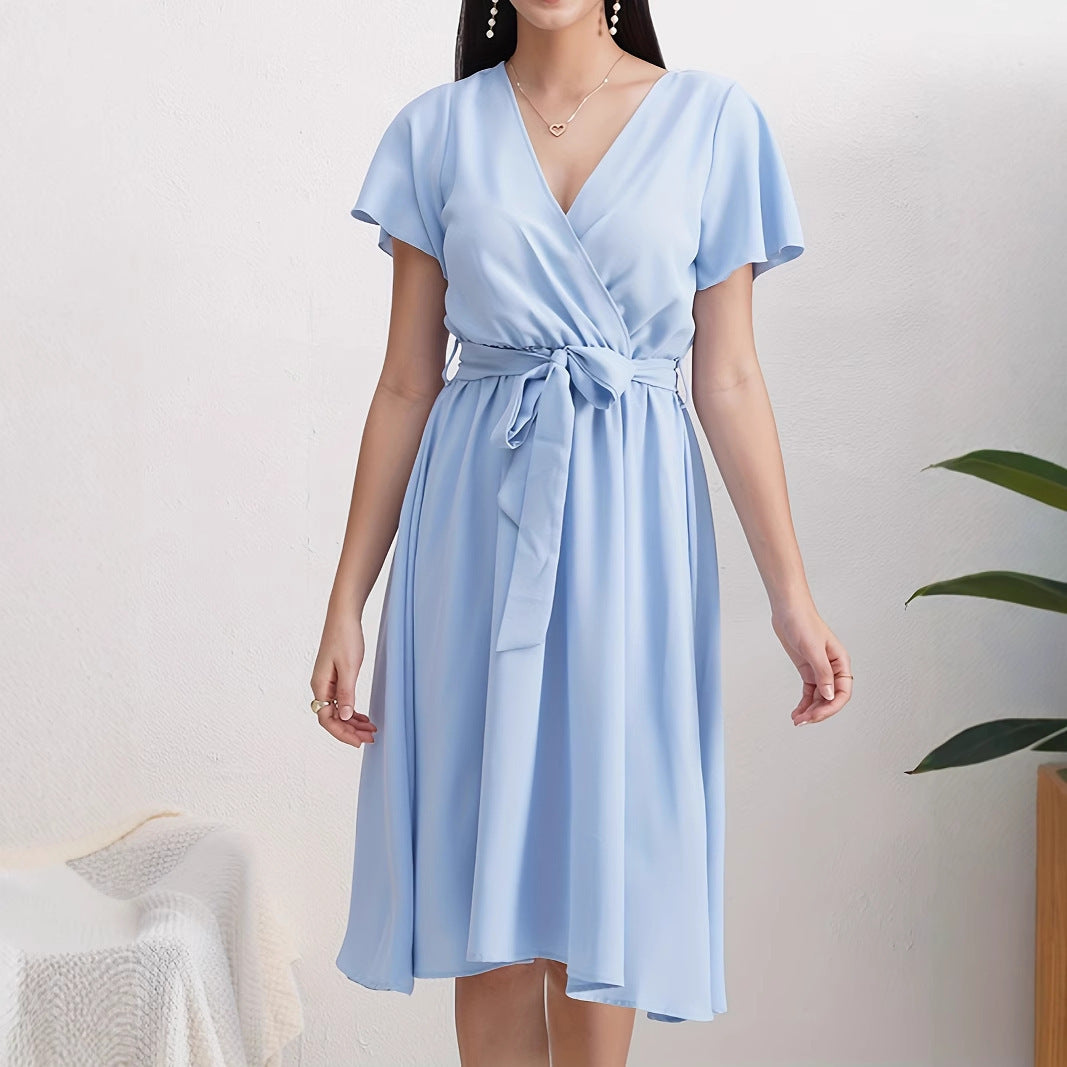 Short Sleeve Cross Collar Belt Solid Color Dress