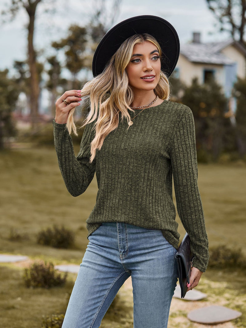Women Round Neck Brushed Sunken Stripe Solid Color Sweater