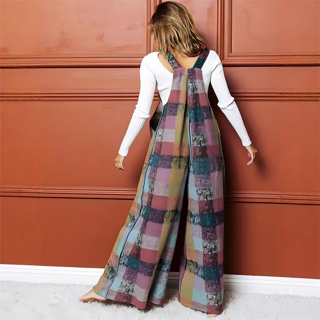 Women's Multi-color Plush Plaid Wide-leg jumpsuit