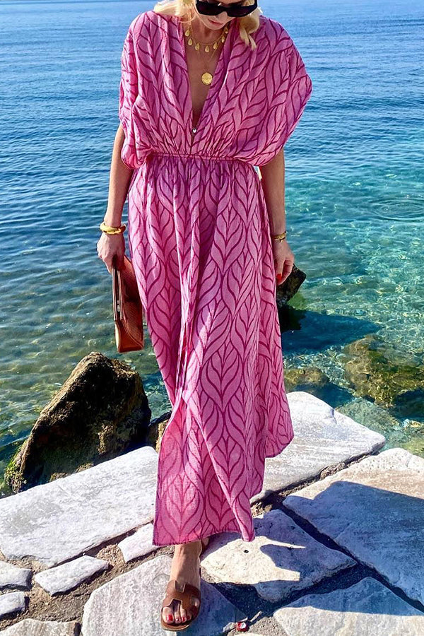 Amsoin Printed Drawstring Design Beach Maxi Dress