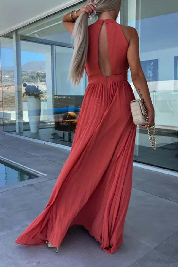 Amsoin Halter Neck Pleated Swing Dress