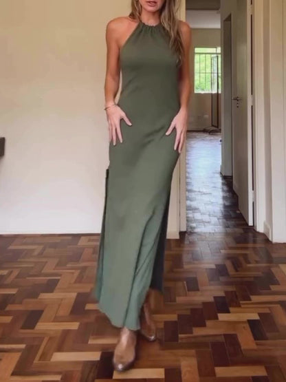 Halter Neck Open Back Slit Dress