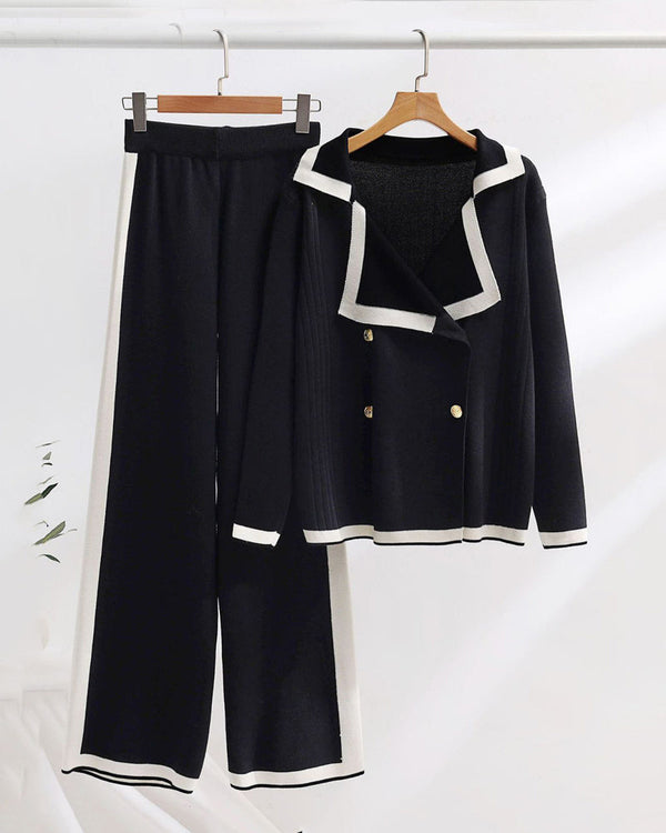 collared casual comfort knitted set color blocked long sleeve top and pants