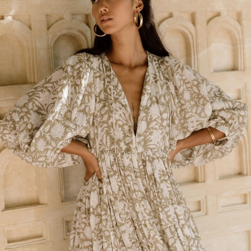 Lantern Sleeve Floral Skirt Loose V-neck A- Line Skirt