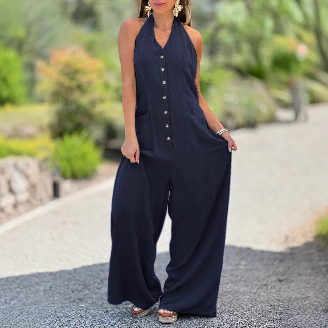 Backless Sleeveless Loose Cotton Linen Jumpsuit