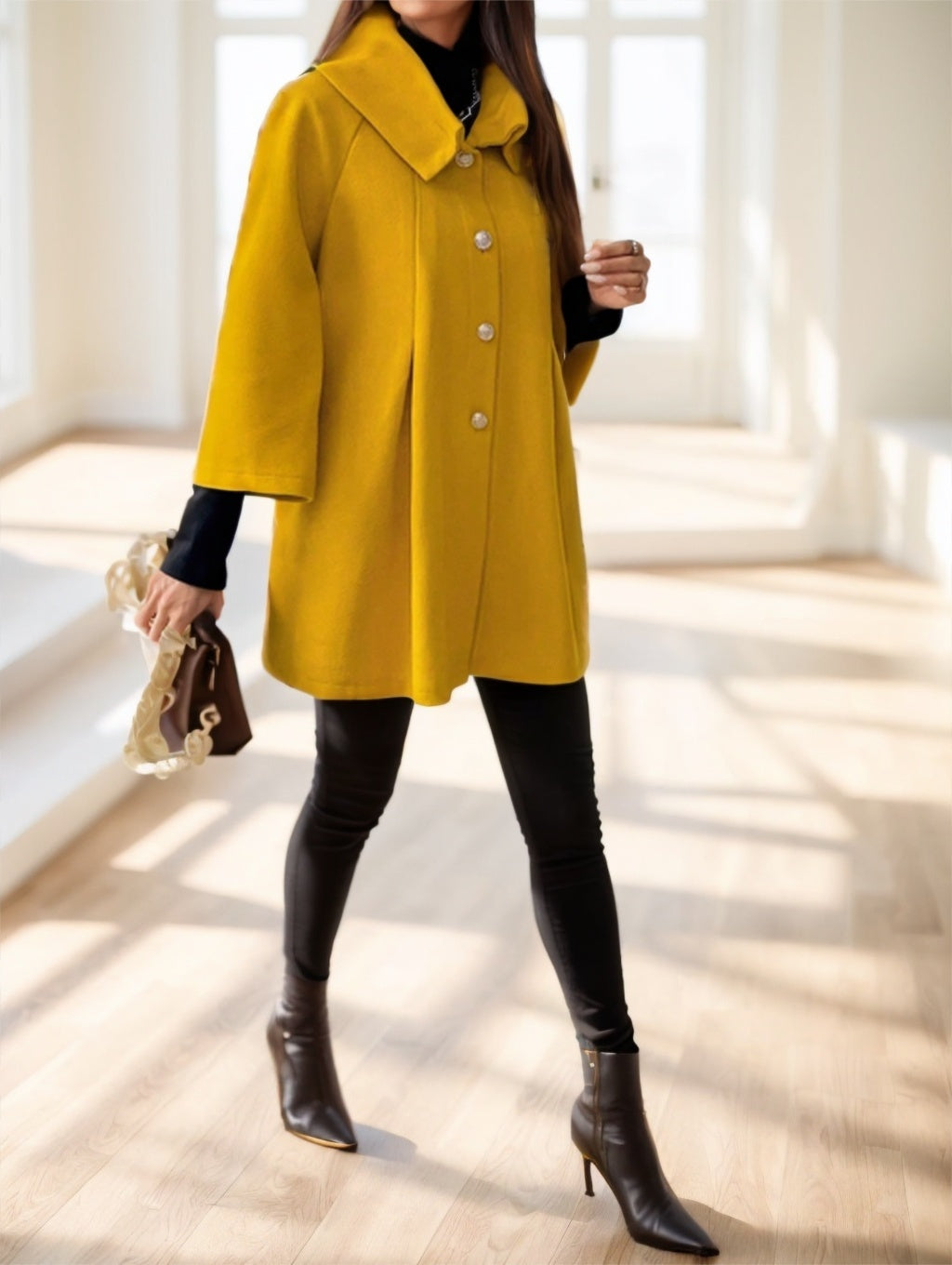 Women Plain Color Block Front Button Long Sleeve Casual Jacket