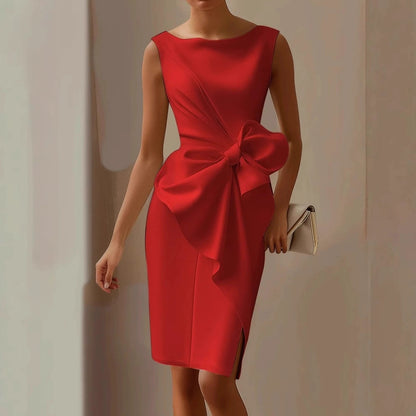 Fashion Bowknot Dress Solid Color Elegant Slim Sleeveless Dresses Women's Casual Office Party Clothing