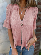 One Button Half Sleeve Hollow Out Knitted Cardigan Top