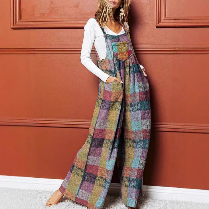 Women's Multi-color Plush Plaid Wide-leg jumpsuit