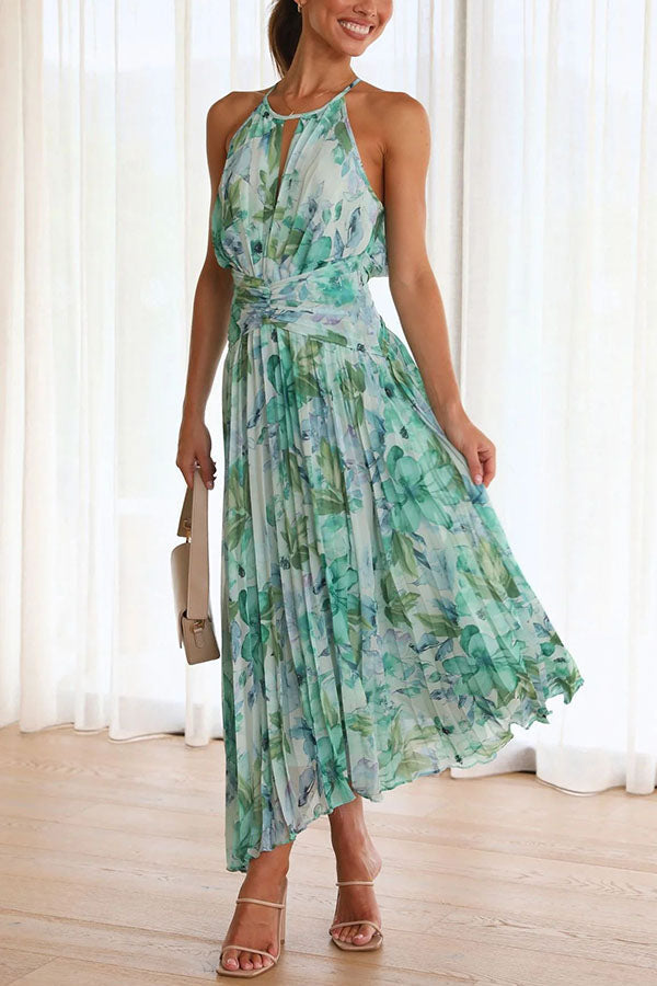 Amsoin Floral Cutout Neck Pleated Midi Dress