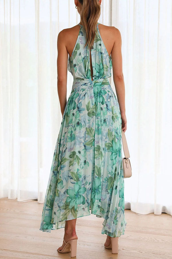 Amsoin Floral Cutout Neck Pleated Midi Dress