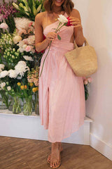 Amsoin Floral Print Slit Lace Up Midi Dress