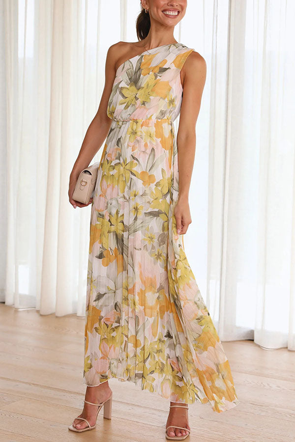 Amsoin Floral One Shoulder Elastic Waist Pleated Maxi Dress
