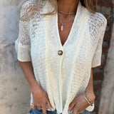 One Button Half Sleeve Hollow Out Knitted Cardigan Top