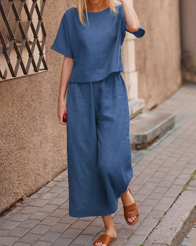 Short Sleeve Tops and Long Wide Leg Pants Casual Loose Fit Two Piece Loungewear Sets