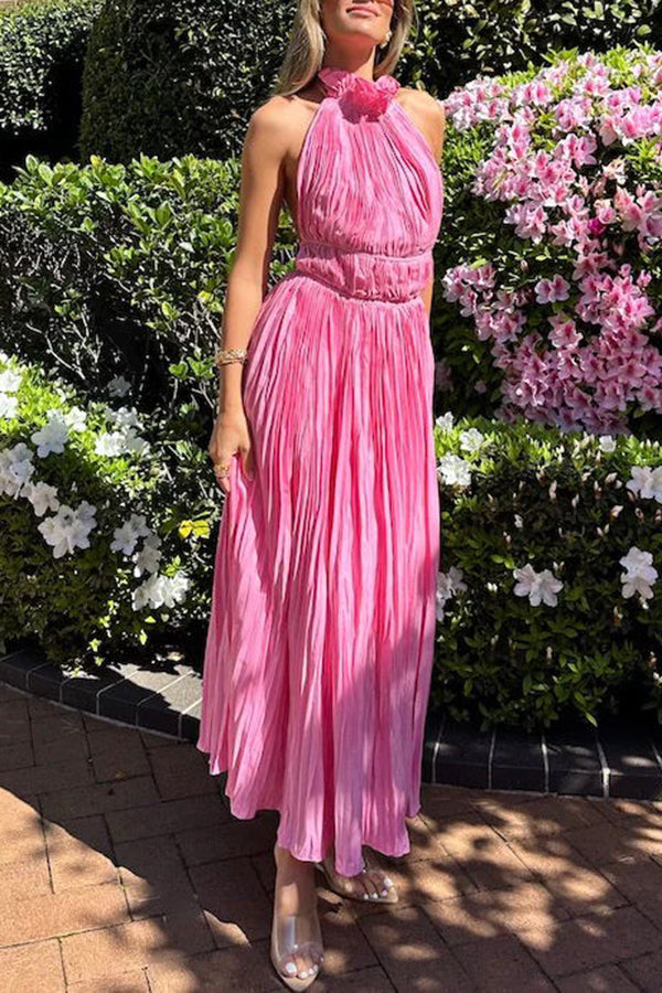 Amsoin Halter Neck Backless Tie-up Pleated Midi Dress