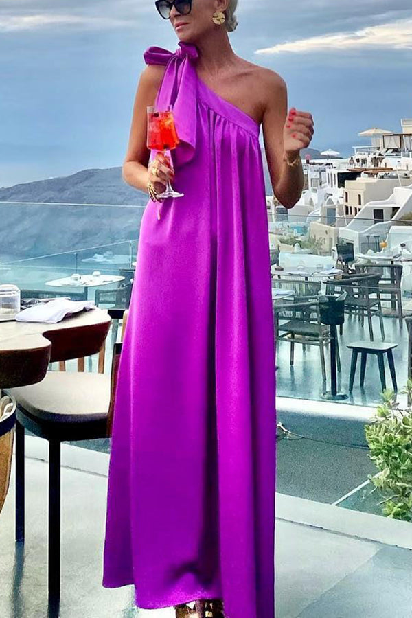 Amsoin One Shoulder Bow Detail Loose Maxi Dress