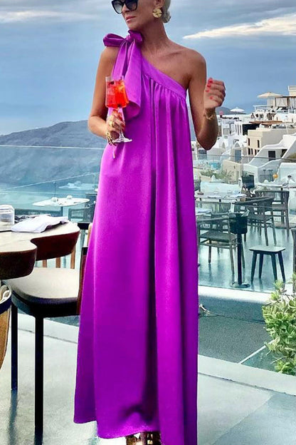 Amsoin One Shoulder Bow Detail Loose Maxi Dress