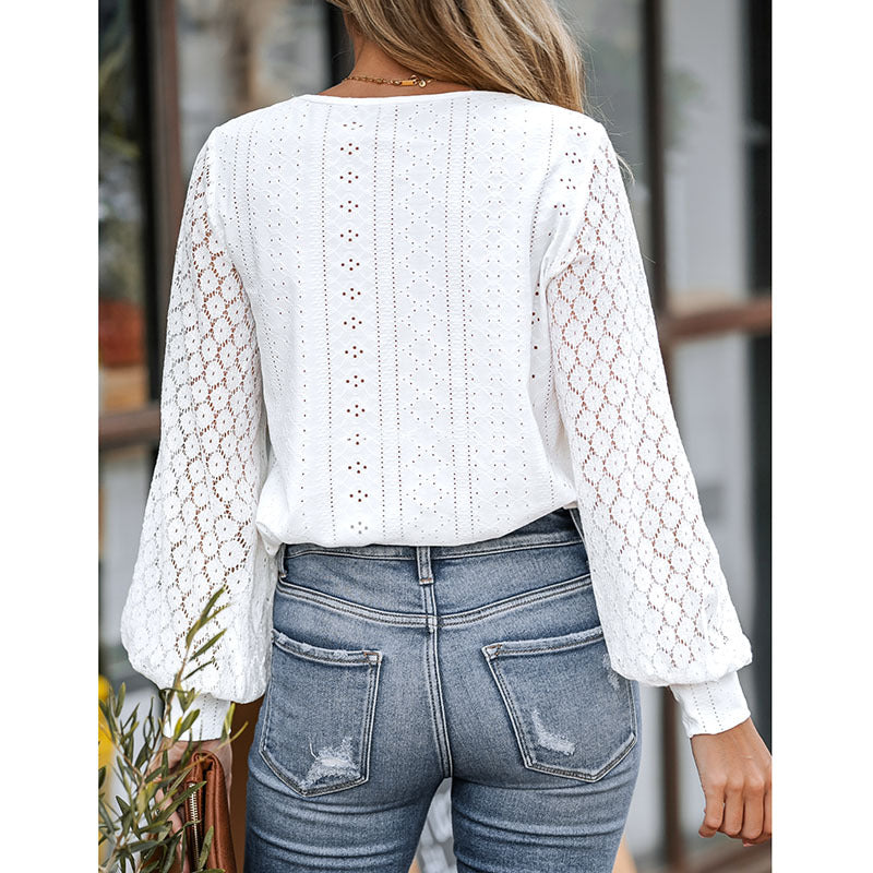 Amsoin Lace Fashion Hollowed-out Casual Long-sleeved Shirt