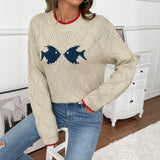 Autumn And Winter New Contrast Color Trim Fish Pattern Round Neck Pullover Knitted Sweater Women